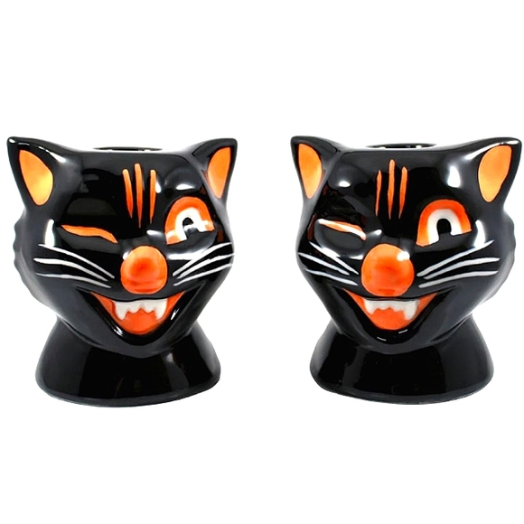 Sourpuss Other - *SOLD* SOURPUSS Black Cat Ceramic Candle Holders Set Of Two 3” x 3.25” Halloween